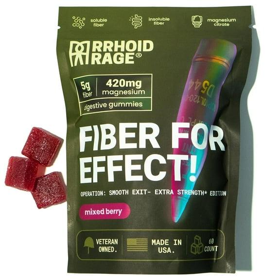 Rrhoid Rage Fiber for Effect Extra Strength Gummies - Mixed Berry, Promotes Healthy Digestion with Fiber & Magnesium, 60 Gummies