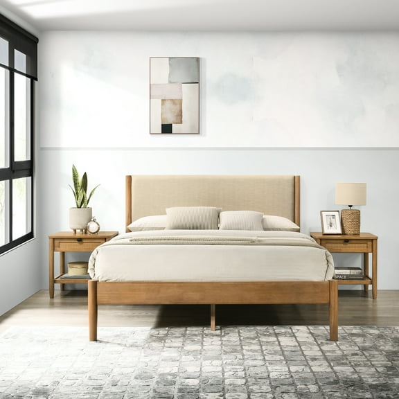 3 Bedroom , Queen Platform Bed With Nightstand Pair. Robust Rubberwood Frame, Beige Headboard, Walnut Finish. Nightstands Convenient Drawer And Shelf. Contemporary Furniture. No Box Spring