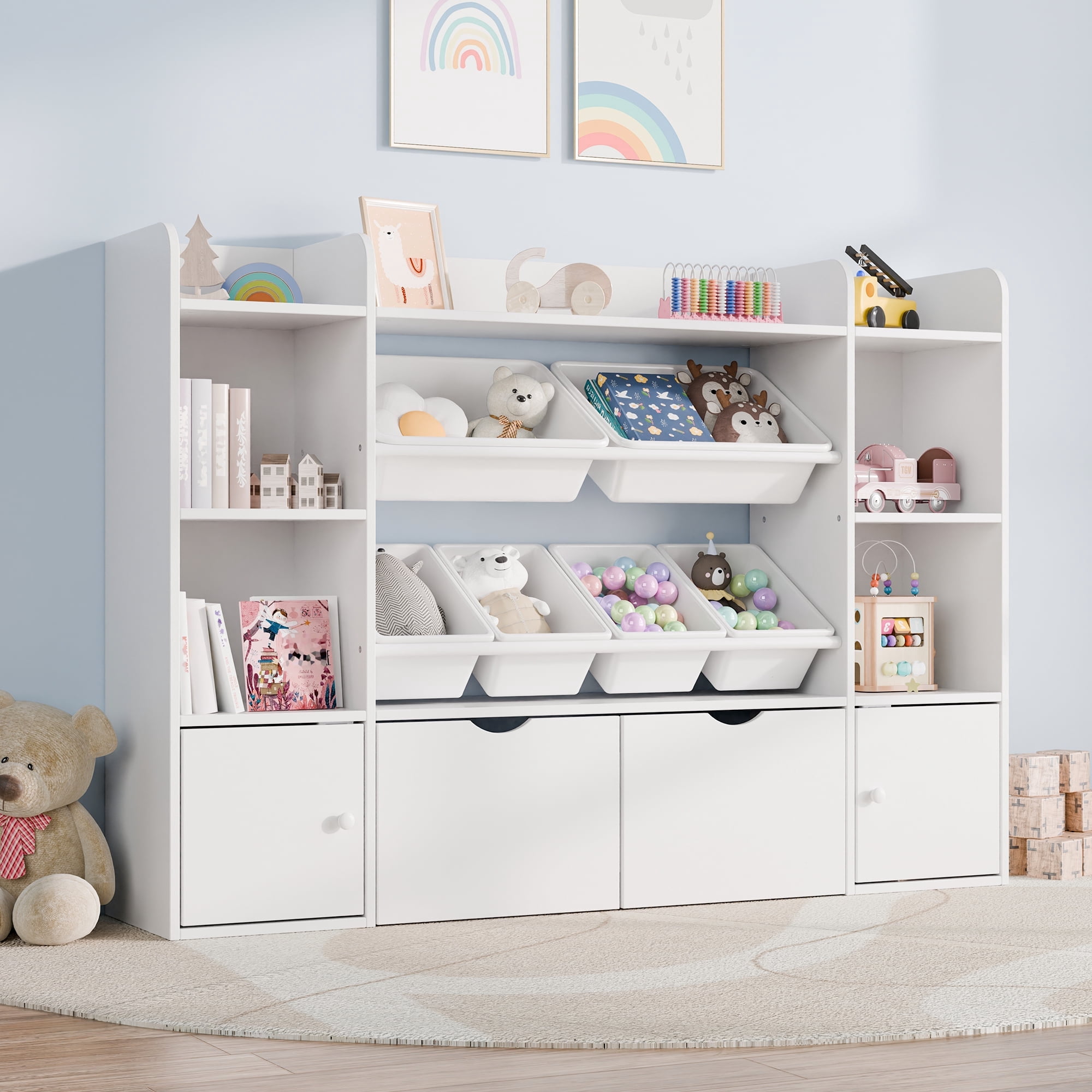Reasea 6-Bin Toy Storage Organizer for Kids – 4-Tier Bookshelf with 6 Removable Cubbies & 2 Movable Drawers, Kids Toy Shelf for Playroom, Bedroom– White