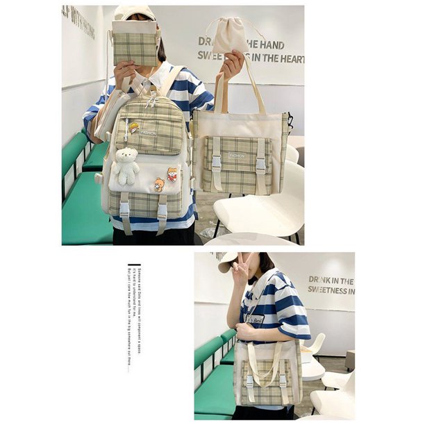 Mochilas para Mujer Conjunto combinado de informal a cuadros 5 uds. insignia colgante escolares de lona (caqui) Tmvgtek Para estrenar