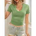 thumbnail image 4 of Summer Short Sleeved Deep V-neck Solid Color Women Slim Fit T-shirt, 4 of 6