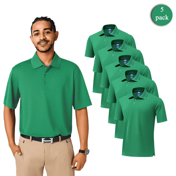 Zfeel High Performance Polo for Men, 5-Pack Kelly Green, Dry Fit Mesh Shirts, UV Protection, XS