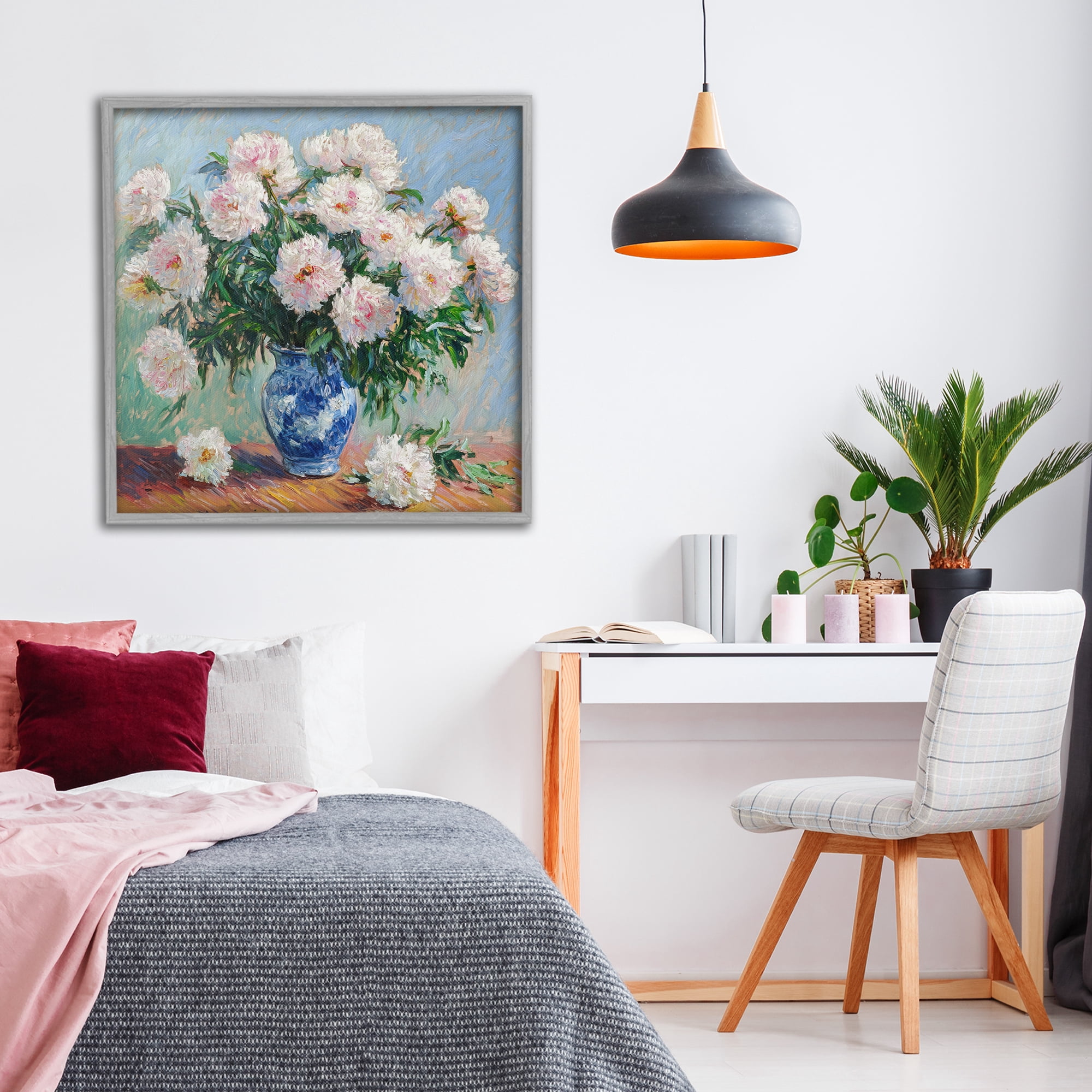 Stupell Industries Peonies in Blue Vase Gray Framed Giclee Art, design by Tina LeCour