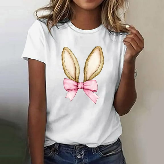 Inverlee Womens Easter Shirts Cute Bunny Eggs Graphic Tees Oversized Short Sleeve T Shirts Blouses Going Out Crewneck Dressy Casual Tops