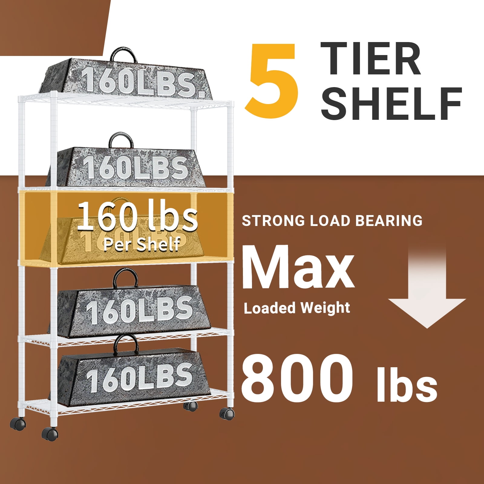 Ktaxon Commercial 5 Tier Storage Rack, Adjustable Rolling Metal Garage Shelving Chrome, 35''W x 14''D x 65''H, Capacity for 440lbs White