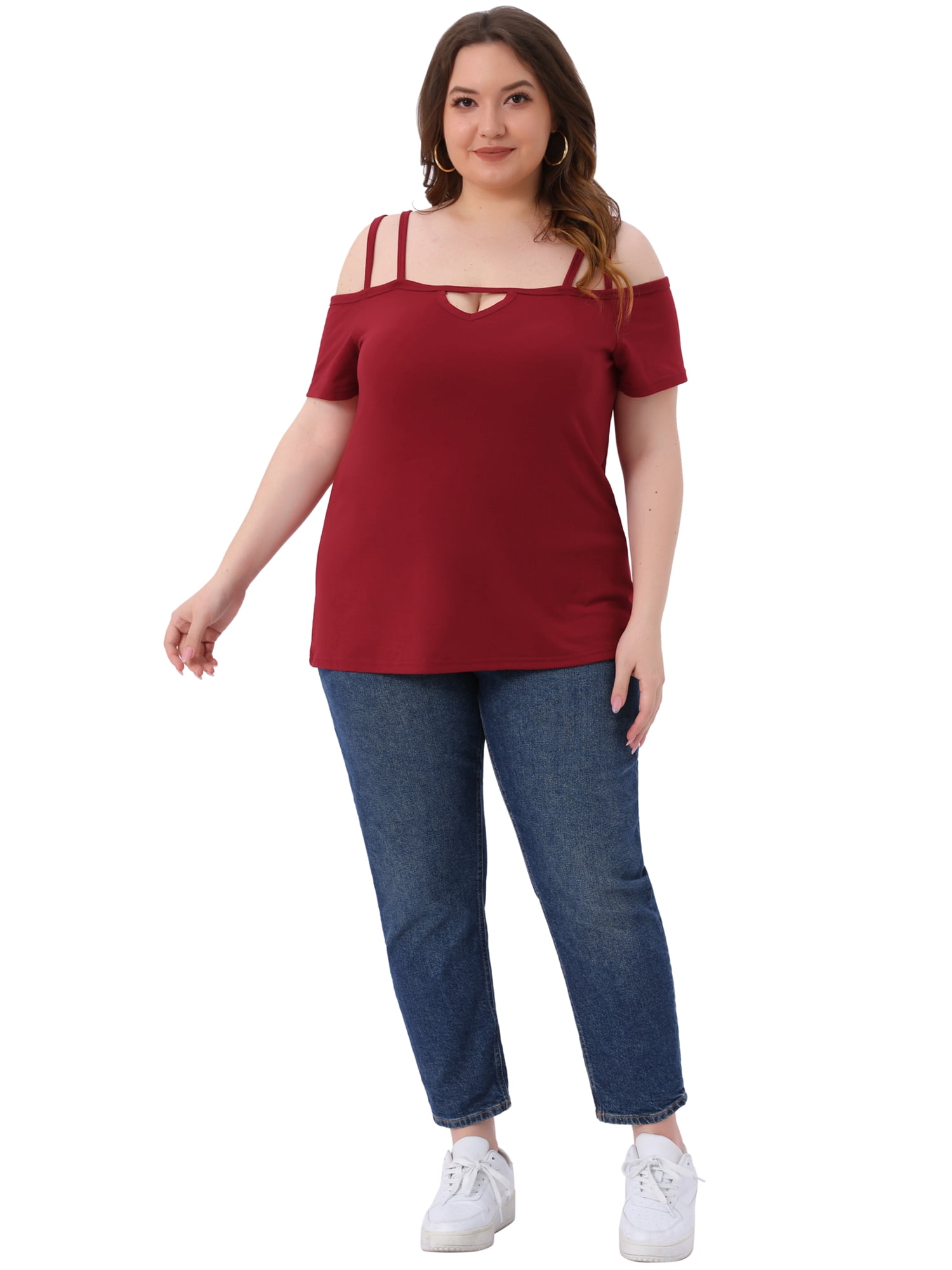 DARING DIVA Women's Plus Short Sleeve Cold Shoulder Tops Blouses Shirt 2X Red