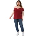thumbnail image 3 of DARING DIVA Women's Plus Short Sleeve Cold Shoulder Tops Blouses Shirt 1X Red, 3 of 6