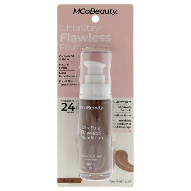 mcobeauty base base impecable ultrastay - bronce 1.18 oz mcobeauty base 1.18 oz. Vista frontal de envase blister con botella de pump transparente y tapa blanca; etiqueta rosa pálido con texto MCoBeauty y UltraStay Flawless Foundation; líquido tono bronce visible y muestra de color; empaque indica 35 ml y cobertura edificable con acabado luminoso según el empaque; suele usarse para retoques en viajes.