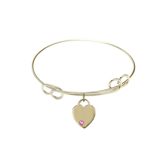 7 1/2 inch Round Double Loop Bangle Bracelet w/ Heart medal charm w/ Rose Swarovski Crystal