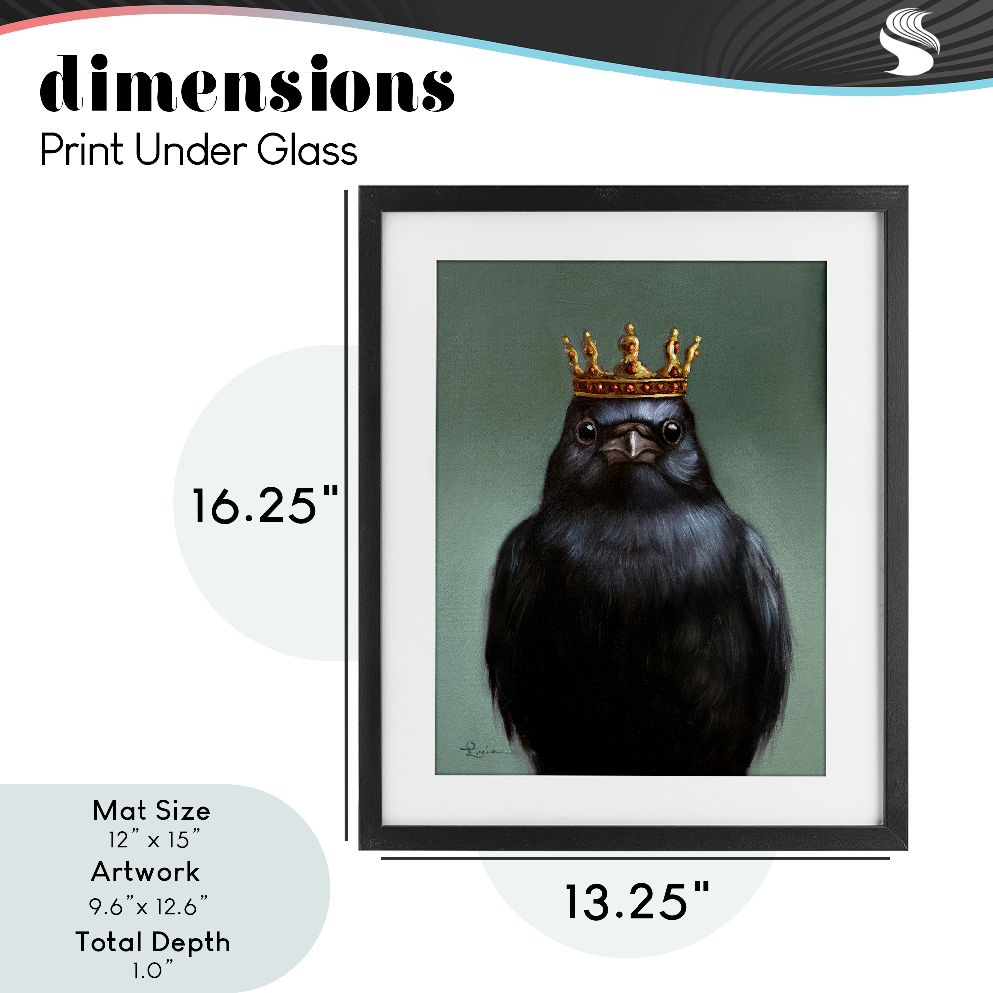 King Crow Portrait Black Framed Print Under Glass, design by Lucia Heffernan