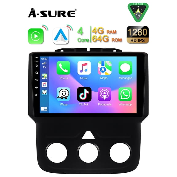 Asure Android 15 Stereo 4 64GB Car Radio for Dodge Ram 1500/2500/3500 (2013-2018 Manual A/C) with Apple CarPlay/GPS Navi/Wi-Fi/BT 5.4/DSP