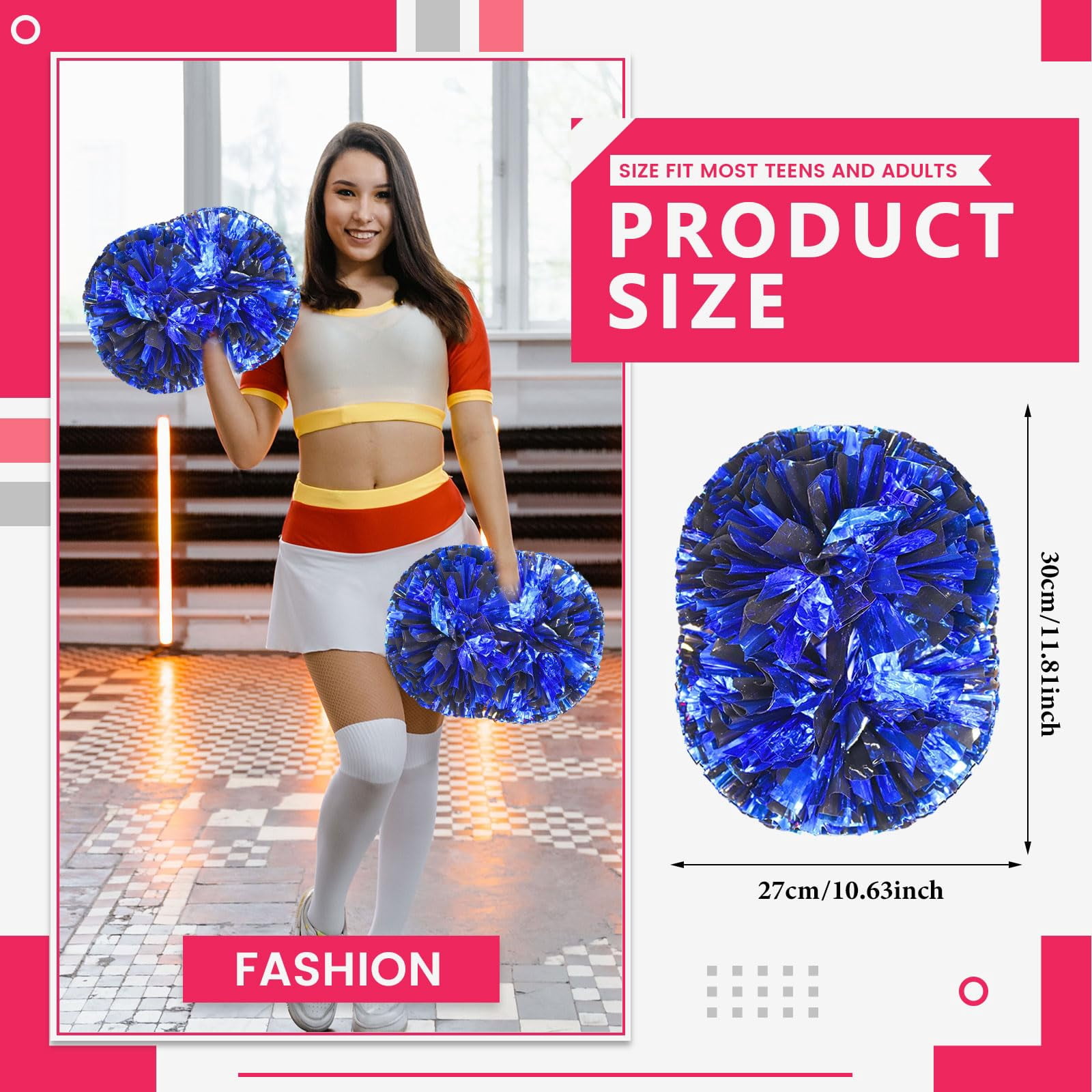 Pom Poms Cheer 8 Pcs with Handle, Cheerleading Handheld Squad Pompoms for Sports Team Spirit Games Dance Party Adults