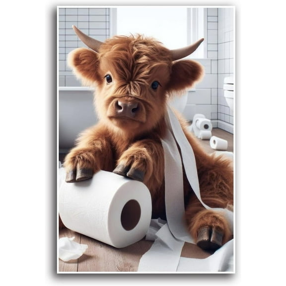 AVOI Scottish Highland Cow Bathroom Print Funny Cow Bathroom Wall Art Whimsical Gift for Highland Cow Lovers Bathroom Humor Artwork Modern Home Decor Canvas Wall Art Poster Unframe: 16x20in