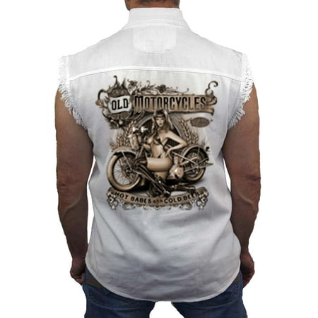 - Men's Sleeveless Denim Shirt Old Motorcycles Hot Babes & Cold Beer