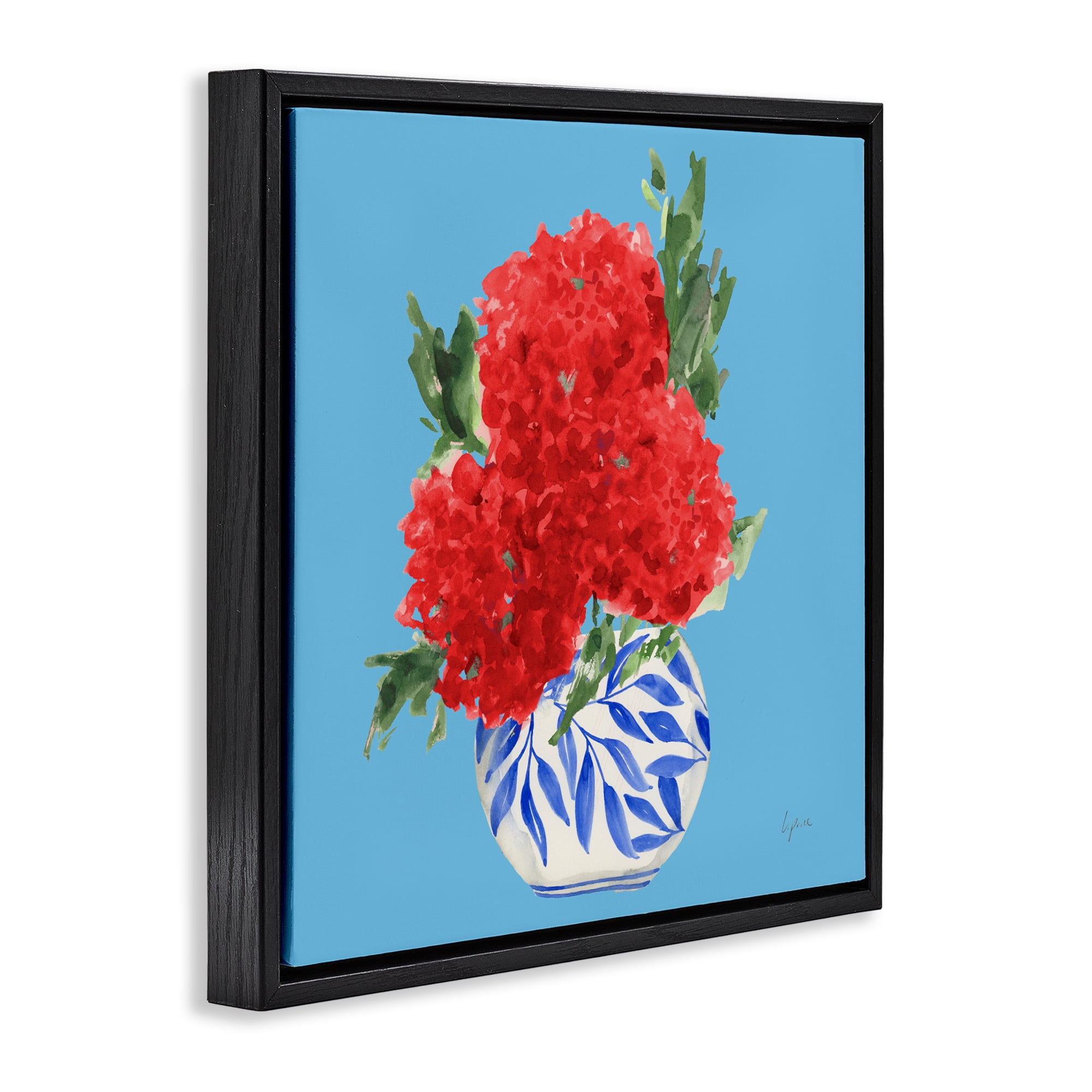 Stupell Industries Red Hydrangeas Blue Vase Black Framed Floater Canvas Wall Art, design by Lucille Price
