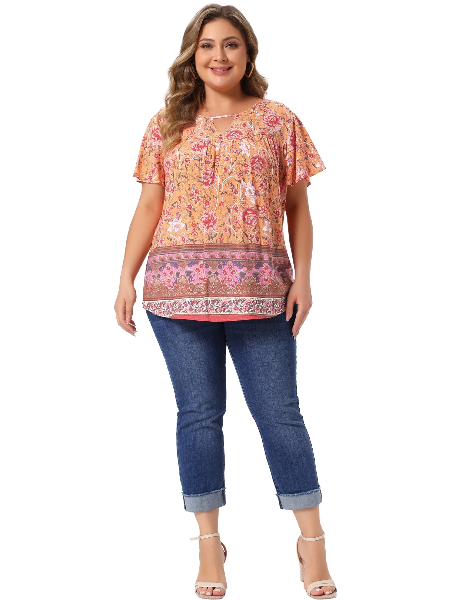 DARING DIVA Women's Plus Keyhole Ruffle  Boho Floral Keyhole Neck Blouse 2X Orange