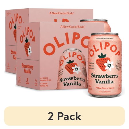 (2 pack) OLIPOP Prebiotic Soda, Strawberry Vanilla, 12 fl oz, 4 Pack, Pantry Packs