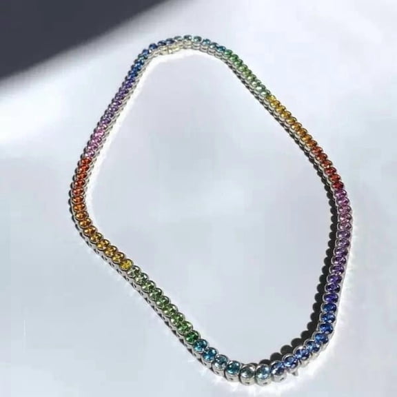 Hitanshu Jewels 55 Ctw Round Cut Rainbow Sapphire 14k White Gold Plated Wedding Tennis Necklace