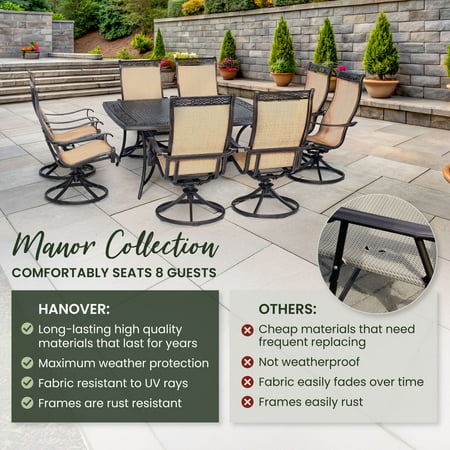 Hanover Manor 9-Piece Outdoor Patio Dining Set with 8 PVC Sling Swivel Rockers and Rust-Free Aluminum 60" Square Dining Table | MANDN9PCSWSQ-8