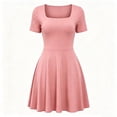 thumbnail image 6 of Women Solid Square Neck Short Sleeve Bodycon Flared Mini Dress, High Stretch Slim Fit A-Line Skater Dress, Casual Club Party Going Out Cute Dresses Pink XXXL(XXXL), 6 of 6