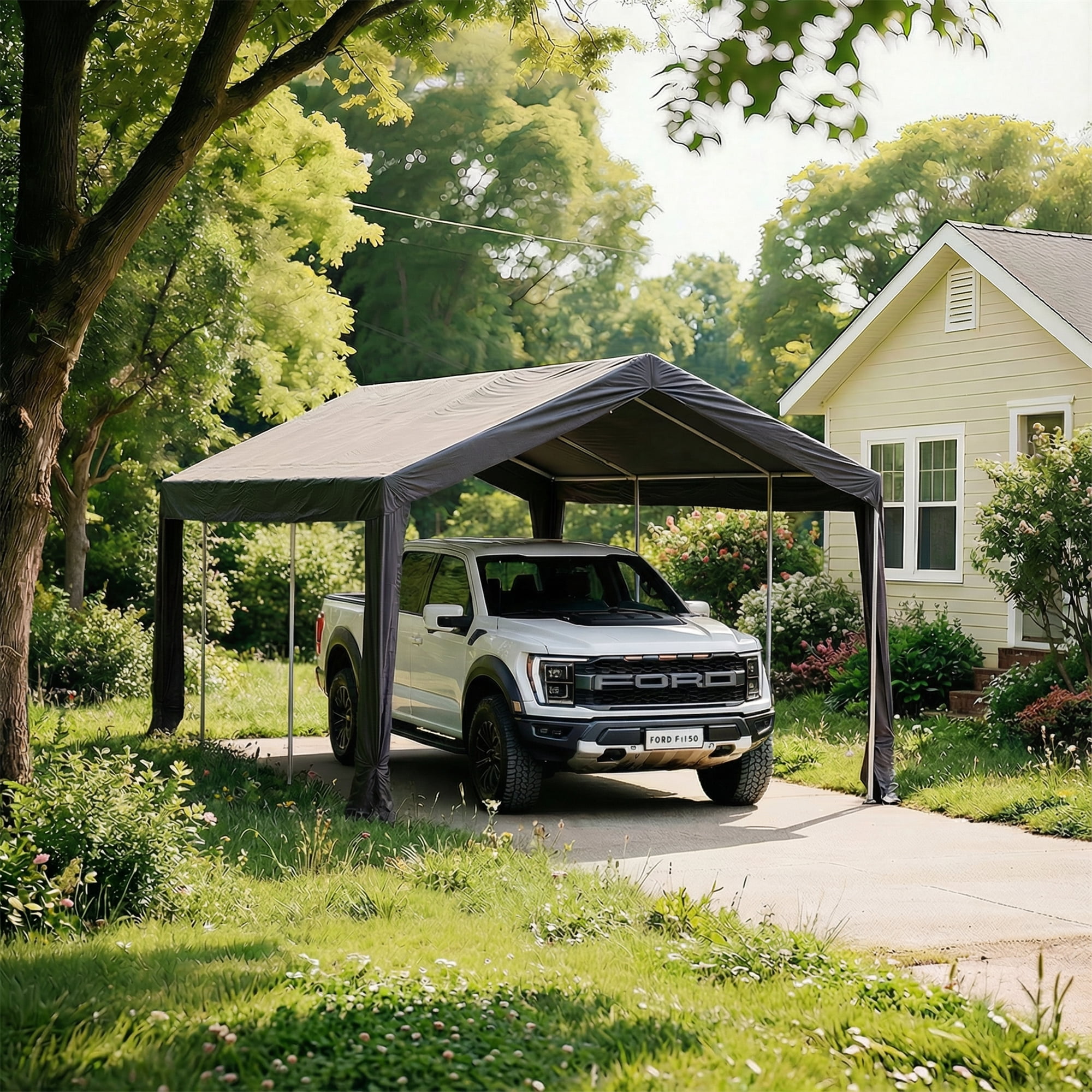 Car Ports, 10X20 Ft Heavy-Duty Carports With Roll-Up Windows, Portable Garages With Removable Side Walls And Doors, Trucks And Cars With All-Season Waterproof Pe Tarps