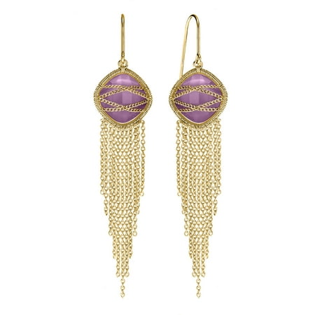 5th & Main 18kt Gold over Sterling Silver Hand-Wrapped Drape Chain Squared Amethyst Stone Earrings