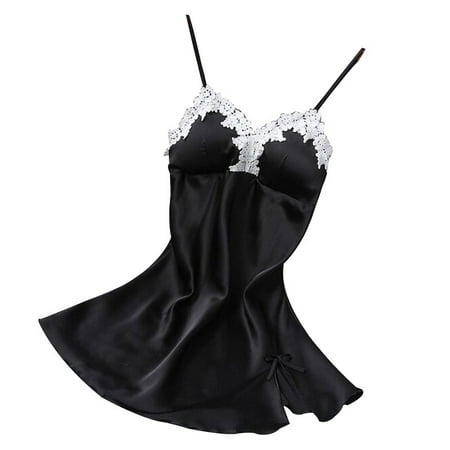 

Women V-neck Simulation Silk Lace Lingerie Large Size Home Underwear Nightdress(Black XL)