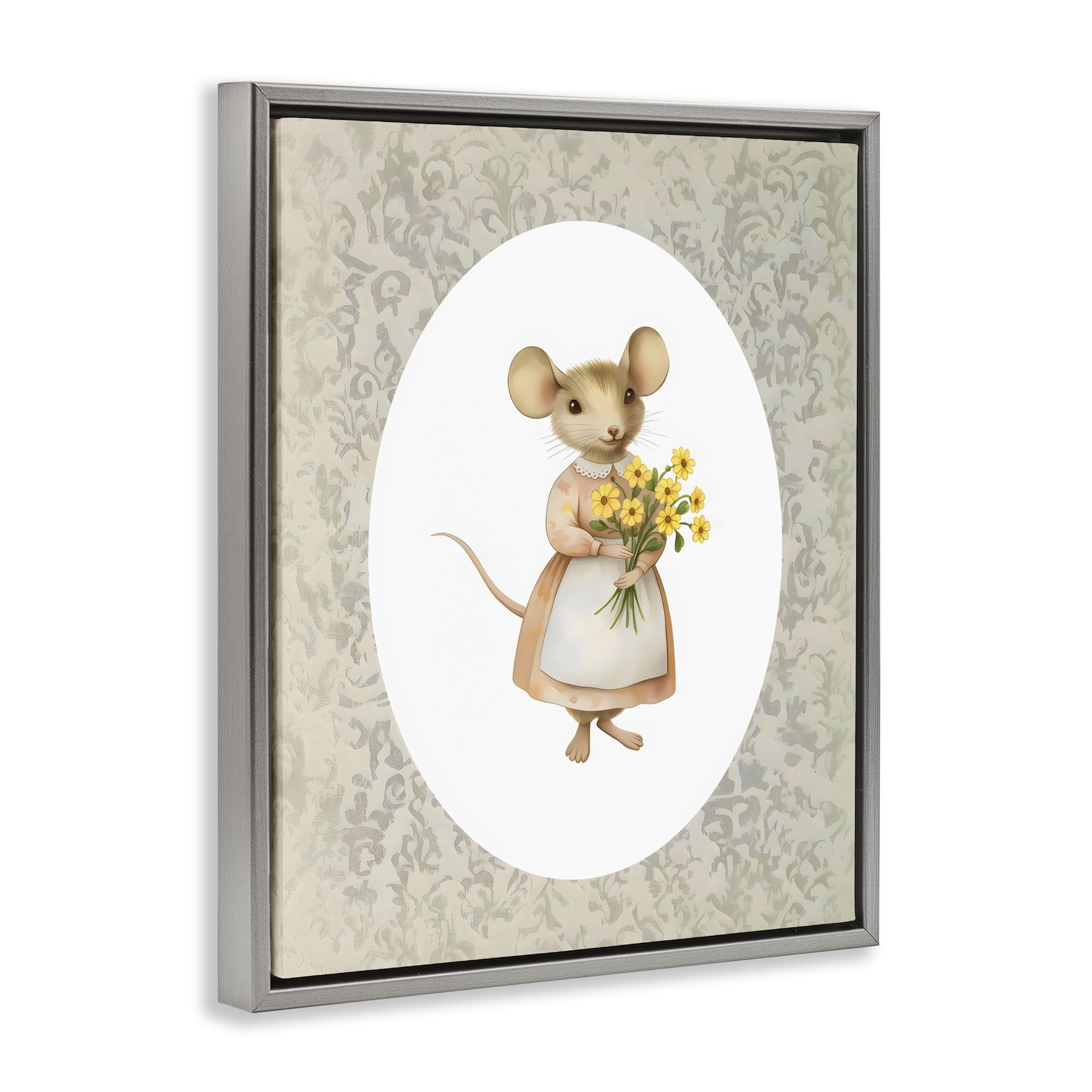 Stupell Industries Little Mouse with Flowers Gray Framed Floater Canvas Wall Art, design by Arlington Prints