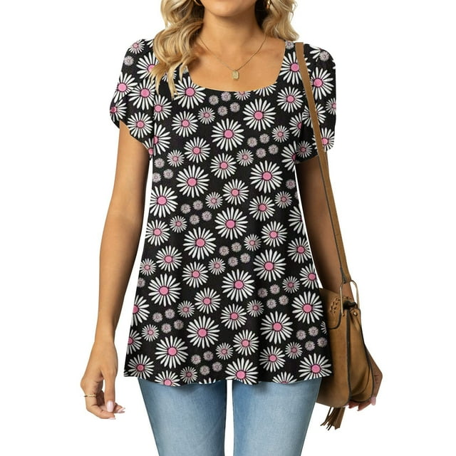 Fiudx Ofertas Flash Del Día Solo En Línea Moda Mujer Verano Casual Tops Cuello Alto Estampado Manga Corta -