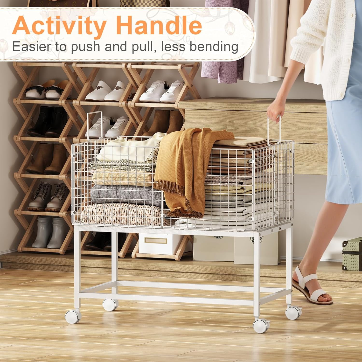 Wire Laundry Hamper Cart,80L Laundry Hamper Trolley with Pull Handle,White High Laundry Basket Cart for Laundry Room,Bathroom,Bedroom-White（23.6 * 15.75 * 28inch）