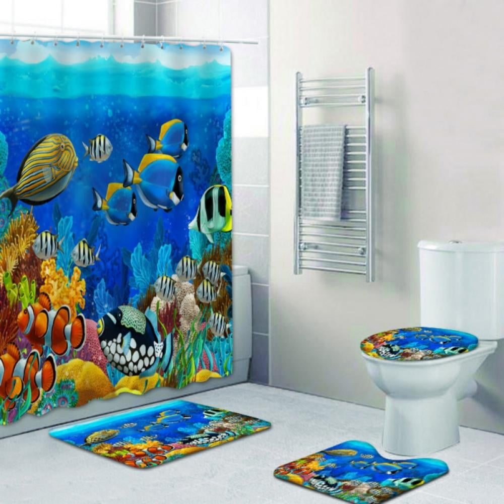 Waterproof Bath Shower Curtain Mat Toilet Rug Set Ocean Dolphin Fish Undersea 