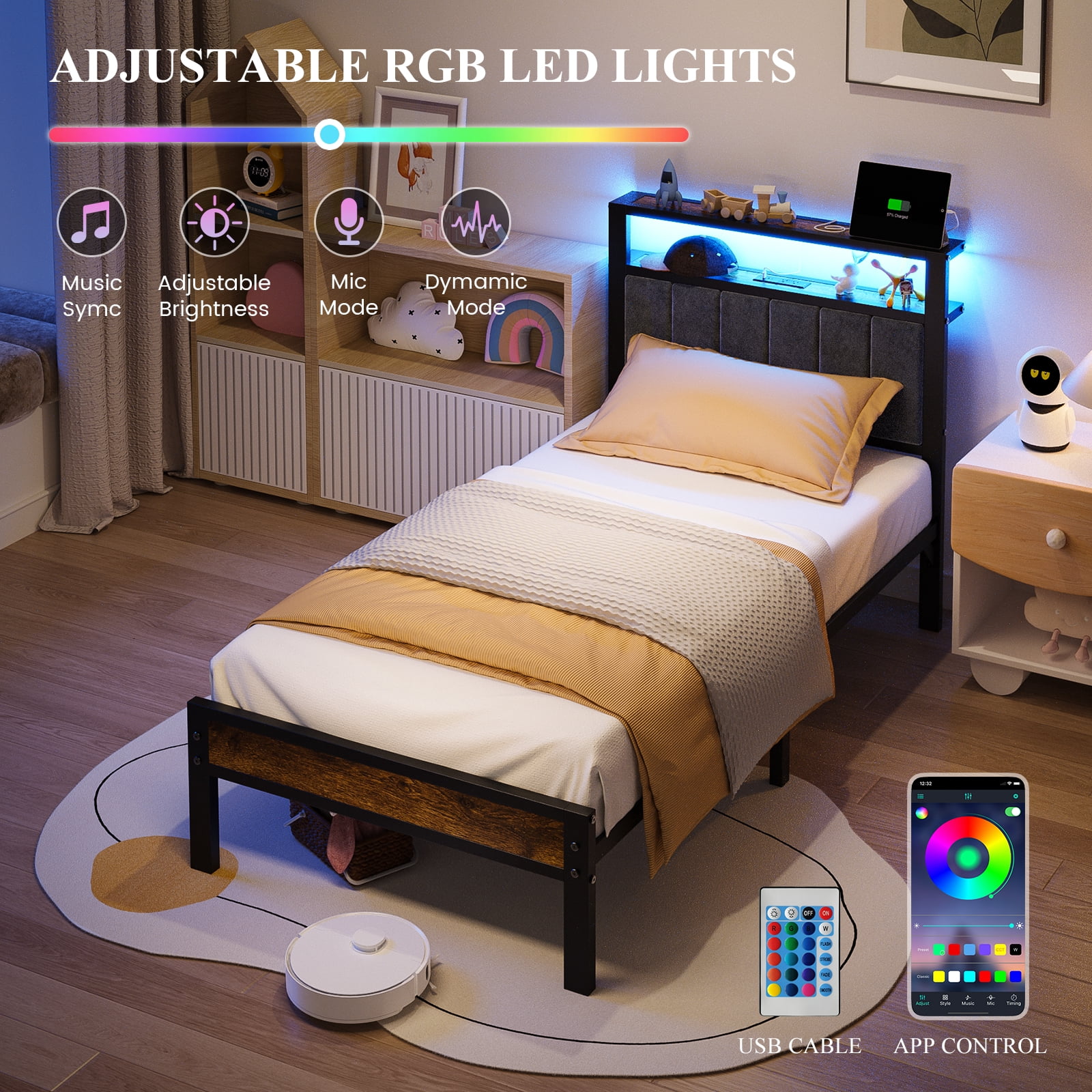 Kbun Twin Bed Frame with LED Lights & Charging Station, Metal Platform Bed Frame with 2-Tier Storage Headboard, Under Bed Storage Space, No Box Spring Needed, Noise Free