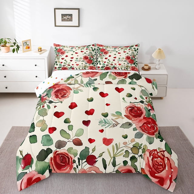 Erosebridal Ensembles de Literie Romantiques à Roses Grand Lit avec Couette pour Filles Femmes, Insert de Couette Floral Botanique, Réversible 3 Pcs, Microfibre