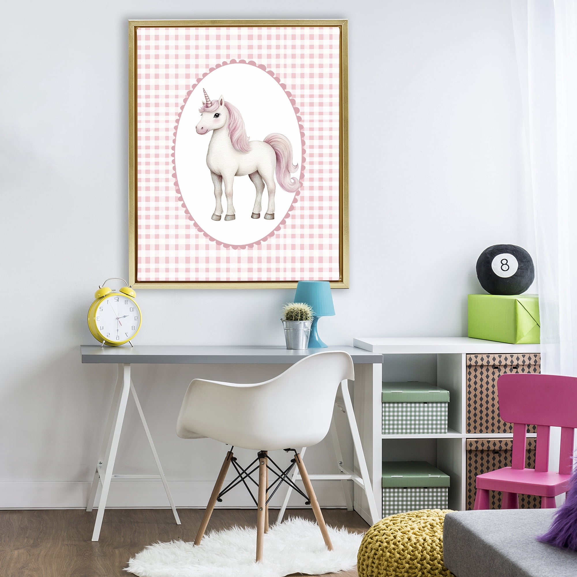 Stupell Industries Pink Gingham Unicorn Gold Framed Floater Canvas Wall Art, design by Christine Simpson Art