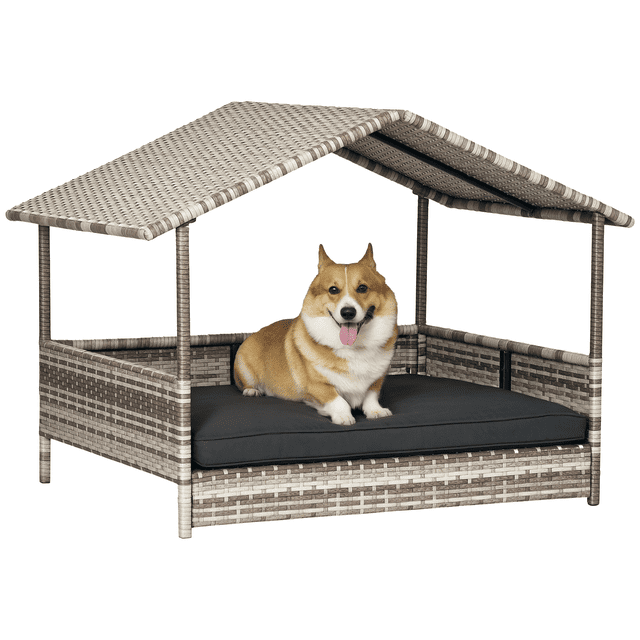 PawHut Niche pour Chien en Osier avec Coussin Amovible, Gris Foncé