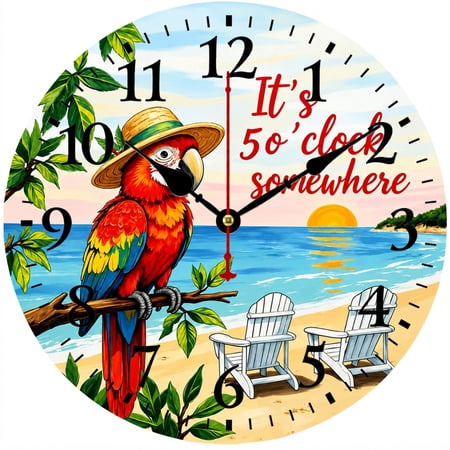 Cozy Hour 9 . 84 Inch Tropical Parrot Wall Clock, Beach Sunset Coastal Decor, “It’s 5 O’Clock