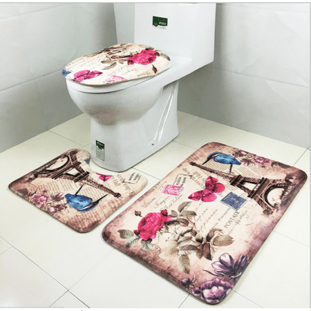 3pcs Set Bathroom Non Slip Carpet Pedestal Rug Lid Toilet Cover