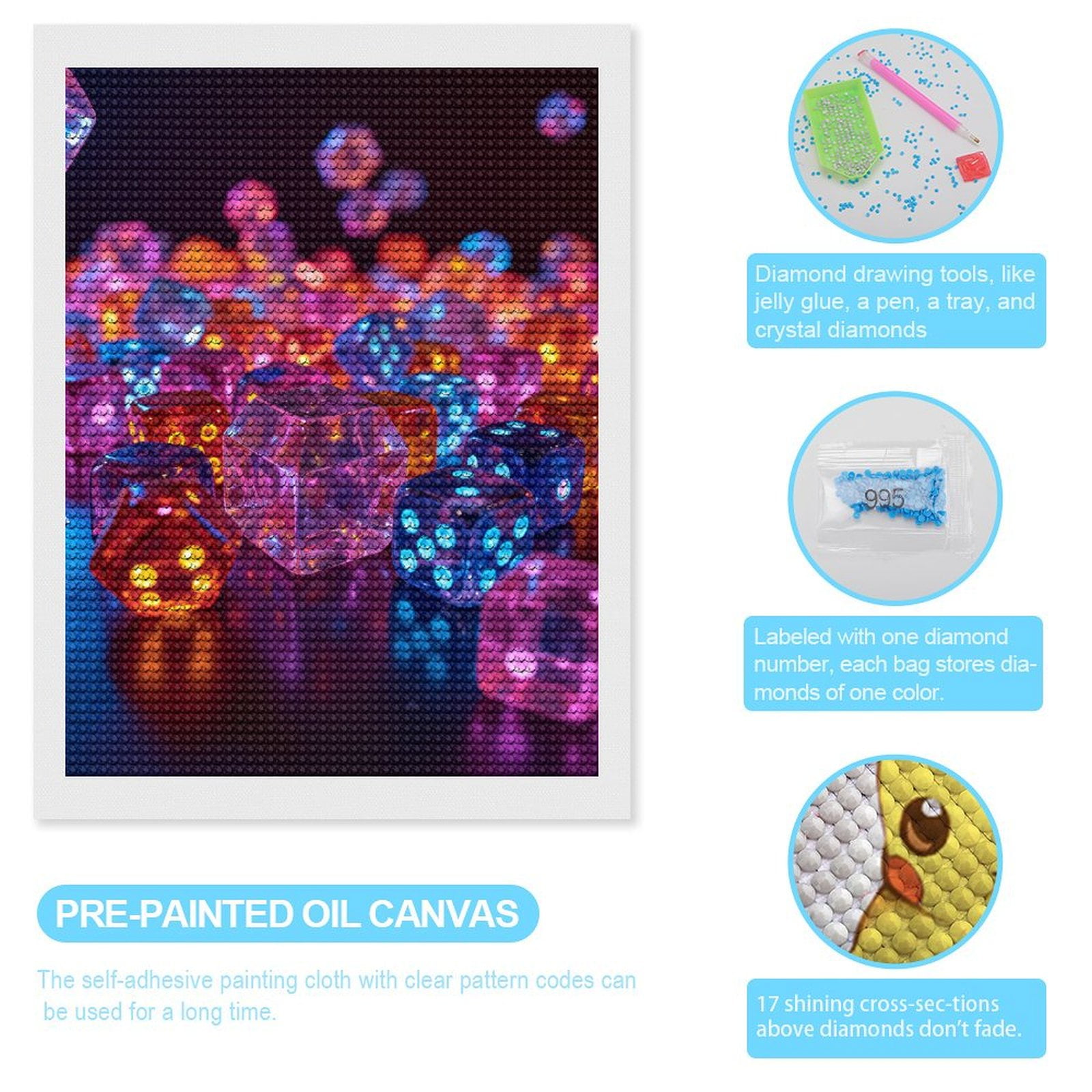 Diamond Art Kits for Adults, Colorful Illuminated Dice Collection 5D Diamond Painting Kits for Adults Beginners, DIY Full Drill Diamond Painting, Gem Art and Crafts 12x16