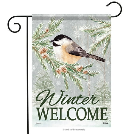 Chickadee Pinecone - Snowfall Chickadee Winter Welcome Garden Flag Double Sided Pinecone 12.5