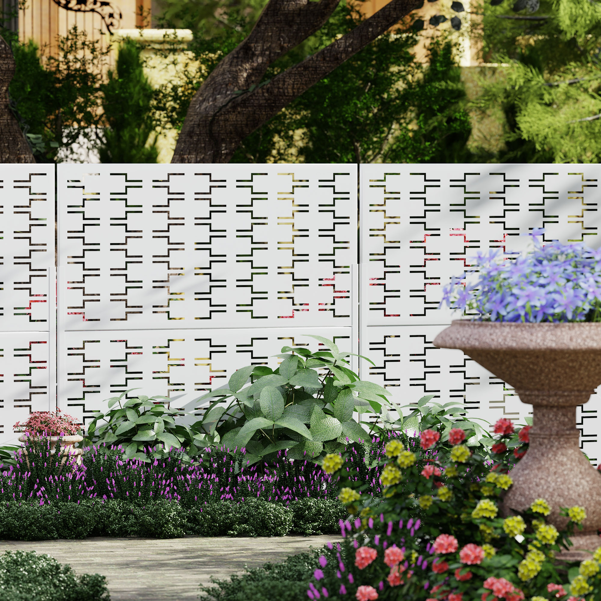 MAYEERTY 72×47" Outdoor White Metal Privacy Panel Screen for Backyard & Garden, Geometric Brick Pattern