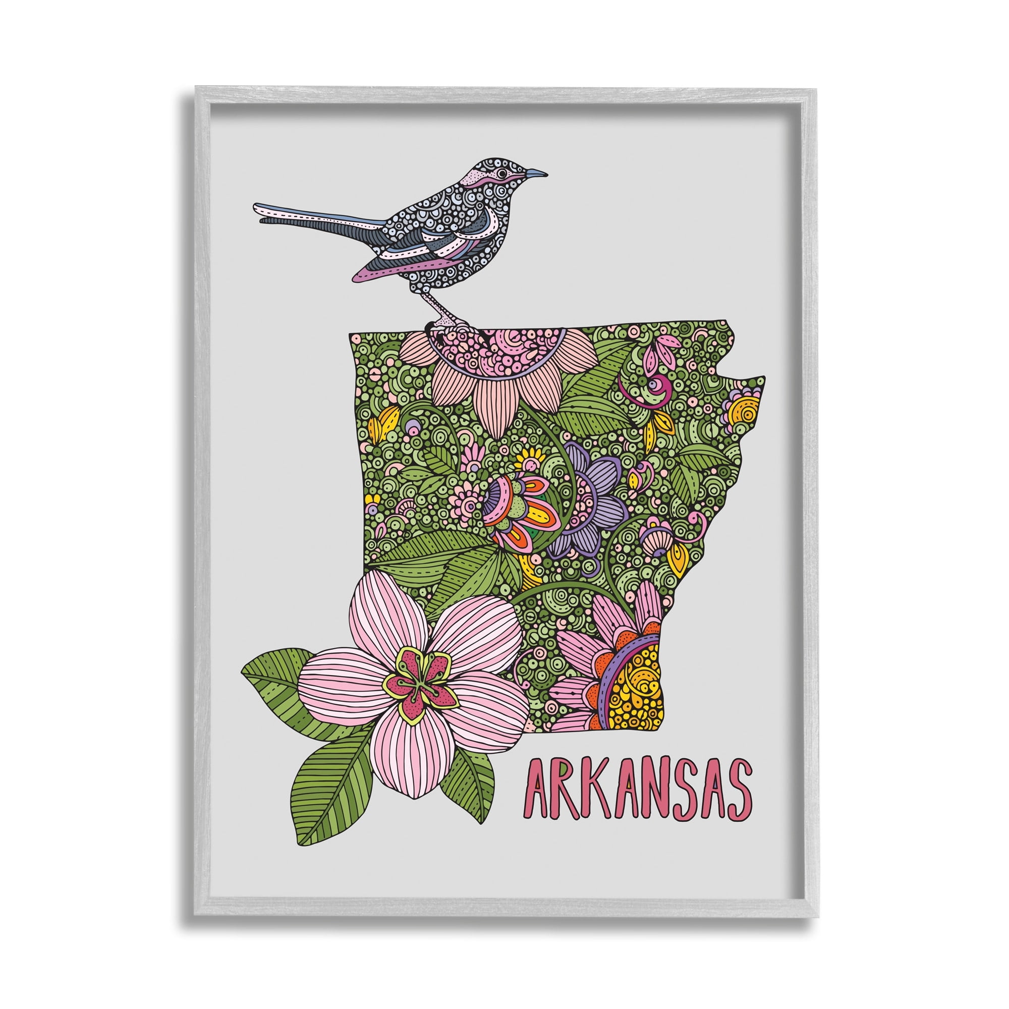 Stupell Industries Intricate Arkansas Floral Pattern Mockingbird Blossom Graphic Art Gray Framed Art Print Wall Art, Design by Valentina Harper
