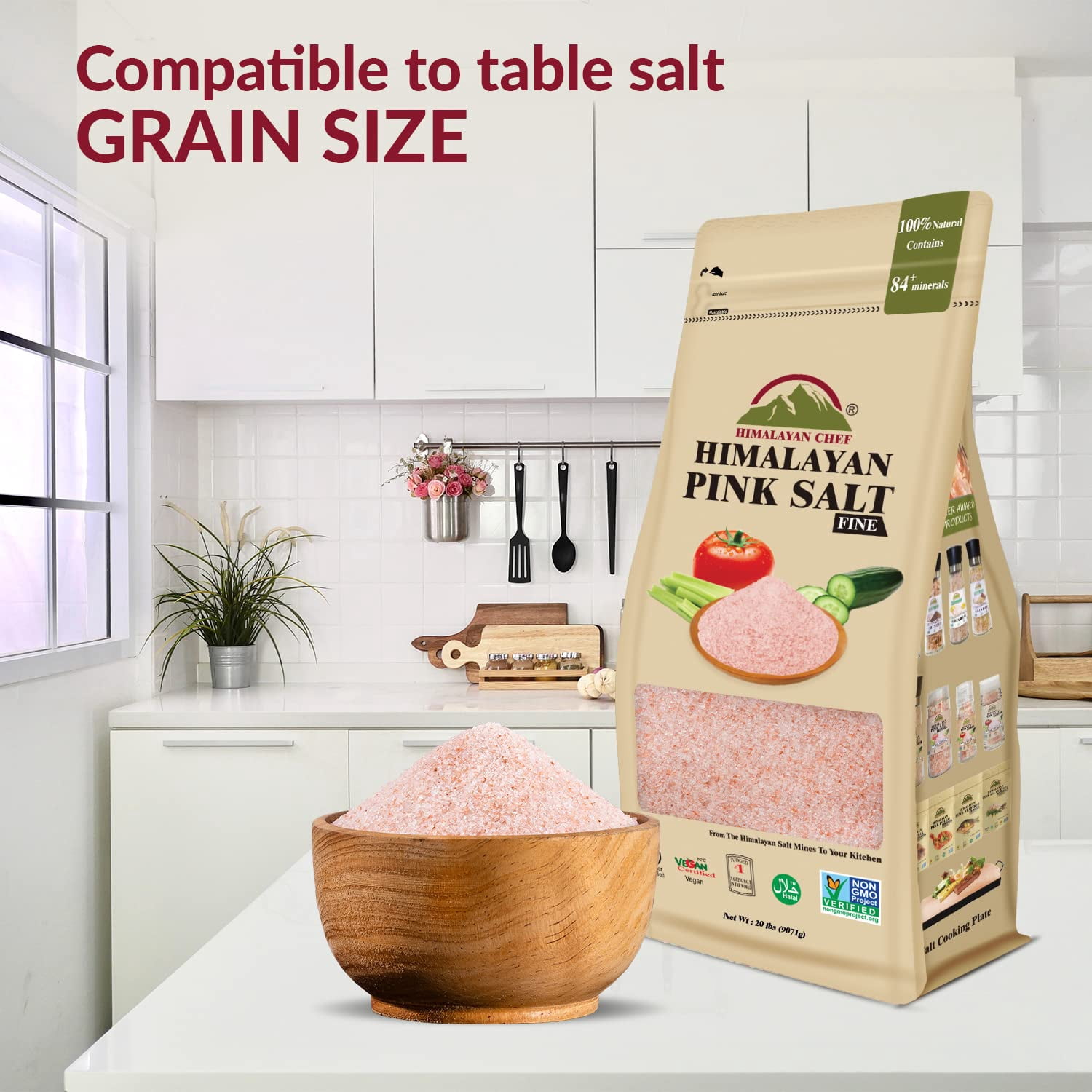 SALT 84 Natural Pink Salt, Extra Fine Grain, Vacuum Pack - 20 lbs Bag