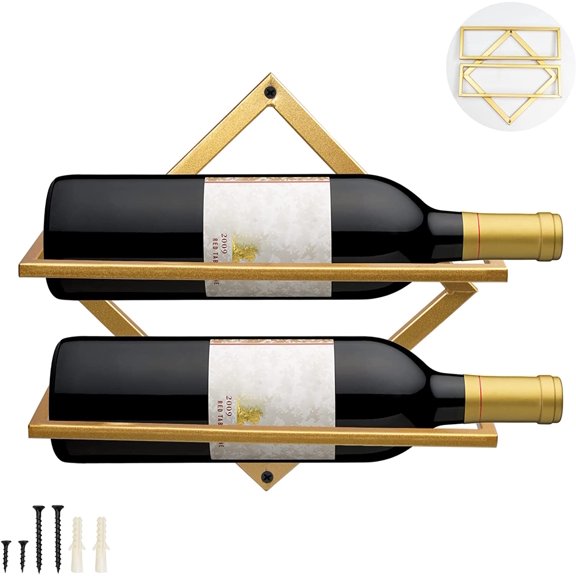 Metal Wall Mounted Wine Holder, Upgrade Foldable Hanging Wall Wine Rack Organizer for 2 Liquor Bottles, Red Wine Bottle Display Hanger with Screws for Home Kitchen Bar Wall Décor…