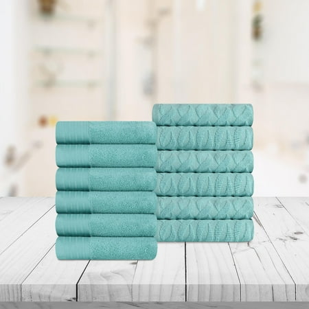 Superior Turkish Cotton Highly-absorbent 12-Piece Face Towel Set for Bathroom, Spa, and Gym, Cascade