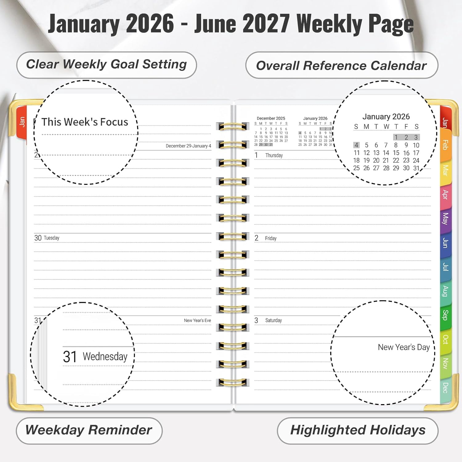 Daily Planner 2026-2027, 18 Month Planner with Tabs, January 2026 - June 2027 Weekly and Monthly Academic Year Calendar Spiral Time Management, 100GSM Thick Paper, Twin-Wire Binding, A5 Size, Multico