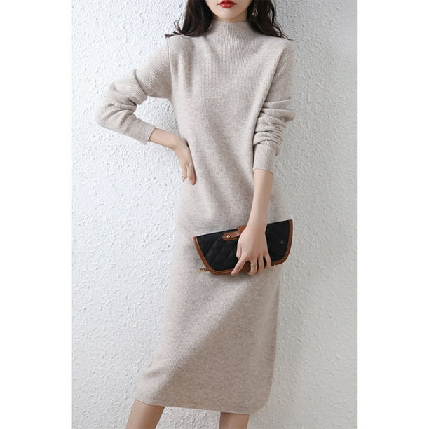 Falda larga de estilo elegante para viajeros, otoño e invierno, de color sólido, tejido con hilo, cuello alto medio, vestido de punto suave intelectual