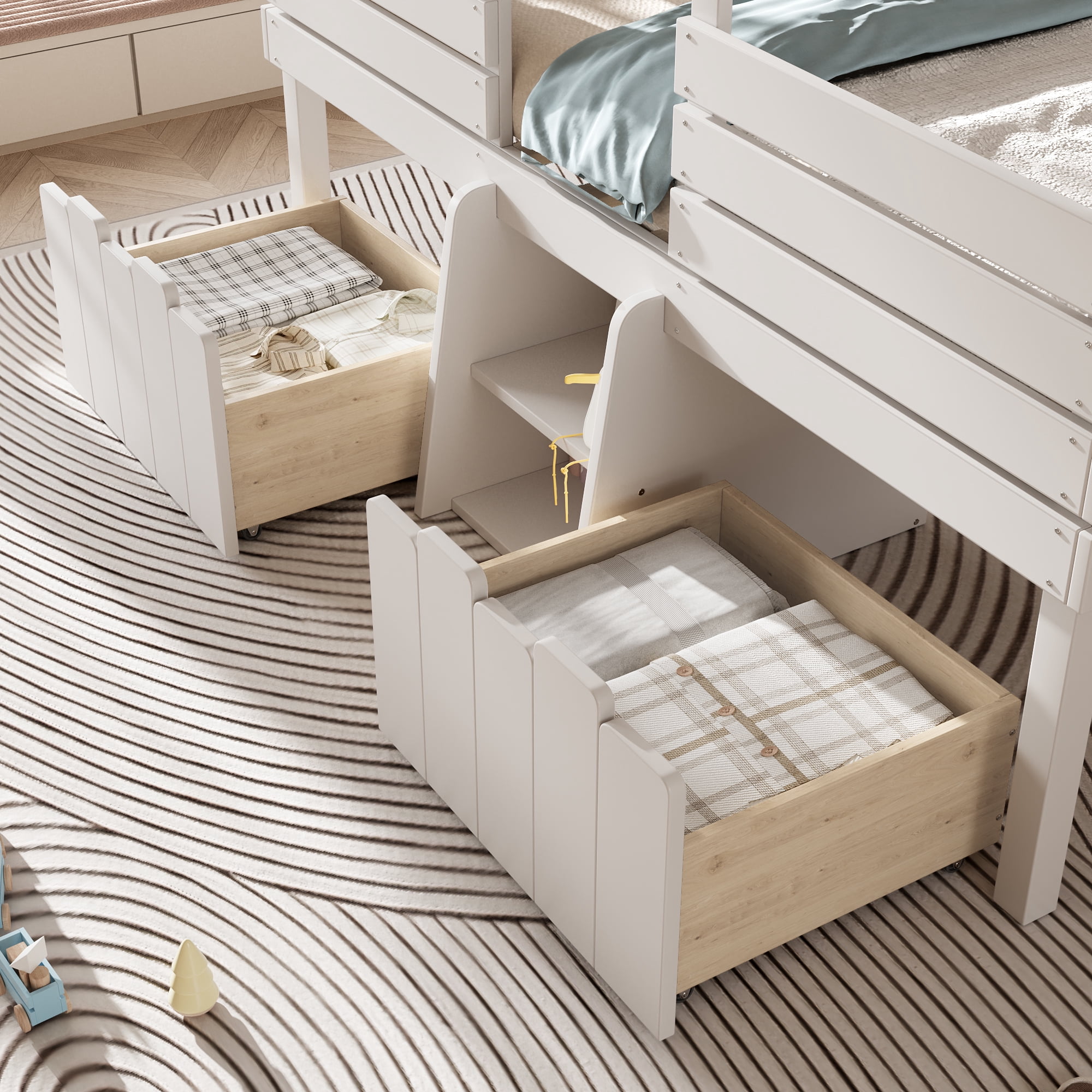 HOQBN House Loft Bed Full Size,Low Loft Bed with Stairs and 2 Big Storage Drawers,Farmhouse Style Bed Frame with House Shaped Roof,White