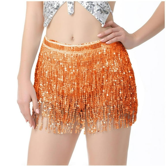 Umfun Women's Skirt Belly Dance Sequins Tassel Dance Skirt Bohemian Tassel Hip Scarf Lace Up Skirt Orange Free Size