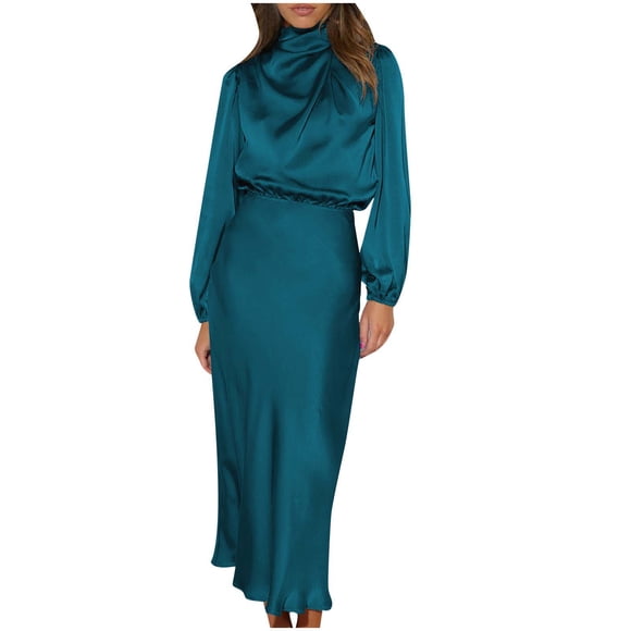 fartey Satin Maxi Dresses for Women Tunic Fit Cowl Neck Party Dress Casual Puff Long Sleeves Sundress Smooth Zipper Back Mock Neck Evening Sundress