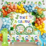 Hombae One a CORNET Saurus Dinosaur First Birthday Party Supplies - Dino Themed Backdrop, Balloon Banner, Tablecloth, Cake Topper, Plates, Napkins, Forks